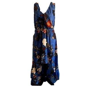 Blue floral hi low dress with ruffle and tie back